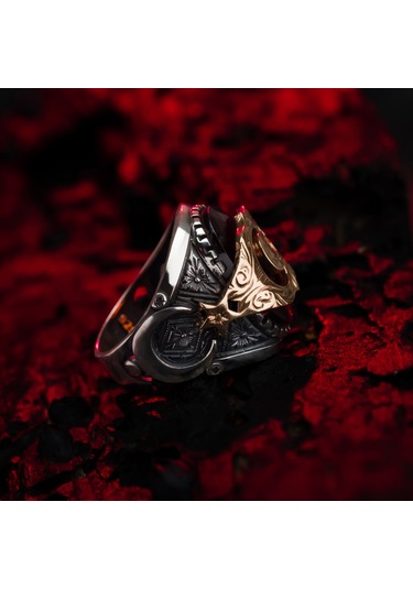 Ay Yıldız İşlemeli Kırmızı Zirkon Taşlı 925 Ayar Gümüş Erkek Yüzüğü Gümüş