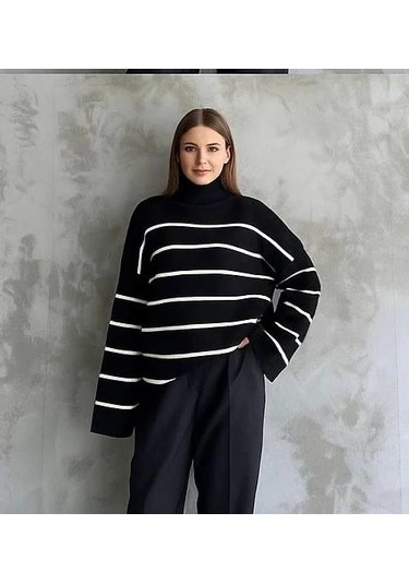 Çizgili İspanyol Kol Triko Boğazlı Kazak Siyah Elf Siyah