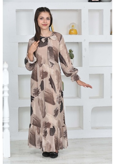 Genç Kız Pamuk Astarlı Şifon Kumaş Uzun Tam Boy Tesettür Elbise Vizon