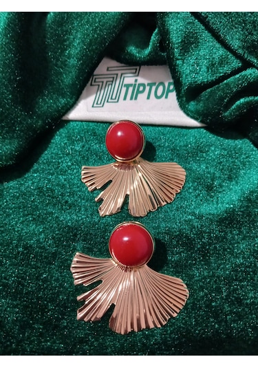 Tiptop/ Bordo Mineli Gold Yaprak Küpe Altın - Kırmızı