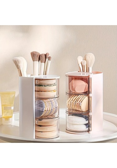 Dashanshop Pembe 2 Katlı Döner Pudru Süngeri Saklama Kutusu Makyaj Fırçası Organizer Pembe