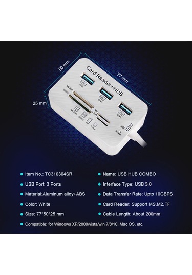 Lemestar 3 Port Usb 3.0 Hub İle Ms/m2/tf Kart Okuyucu Çok Fonksiyonlu Adaptör 7 Slot, Usb 3.1, Abs+alüminyum, Taşınabilir