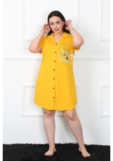Akbeniz Büyük Beden Penye Düğmeli Sarı Tunik Gecelik 1025 Sarı