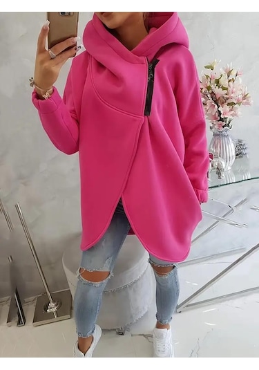 Pembe Kadın 3 İplik Şardonlu Kapüşonlu Ceket Asimetrik Fermuarlı Oversize Pembe