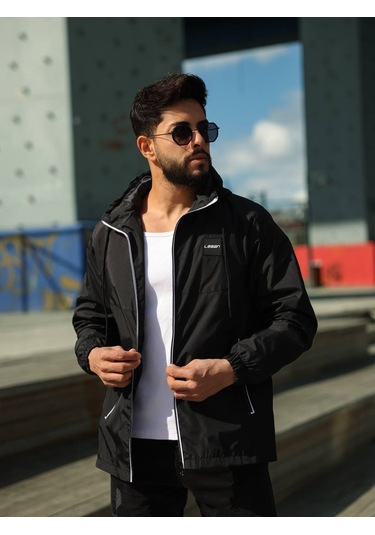 Erkek Kapüşonlu İçi Astarlı Fermuarlı Su Ve Rüzgar Geçirmez İnce Yağmurluk Siyah