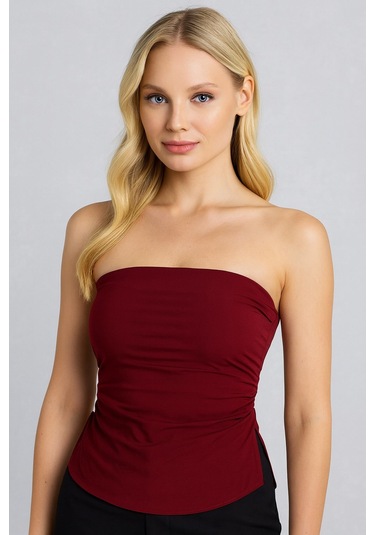 Lupinn Moda Kadın Straplez Büzgülü Askısız Bluz Bordo Ve Siyah Renk Seçenekli Bordo