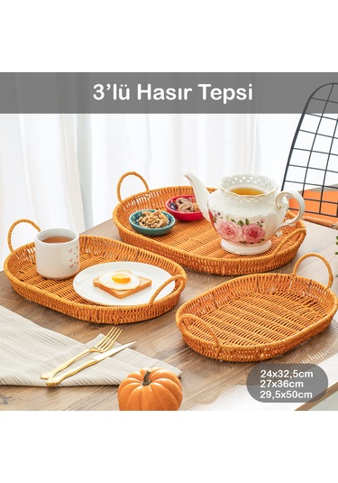 Porsima 708-a Oval 3'lü Hasır Tepsi Dekoratif Servis Sunum Tepsi