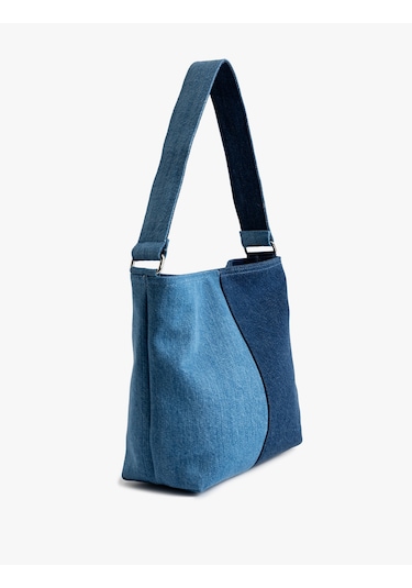 Koton Saplı Fermuarlı Renk Bloklu Denim Tote Çanta Multıcolor 5sak30061aa Mavi
