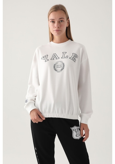 Yale Krem Baskılı Bisiklet Yaka Kadın Sweatshirt 5274-41118 Krem