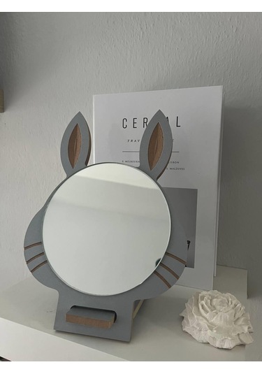 Masaüstü Gri Renk Hediyelik Dekoratif Makyaj Aynasi,Tavşan Kulakl Beyaz