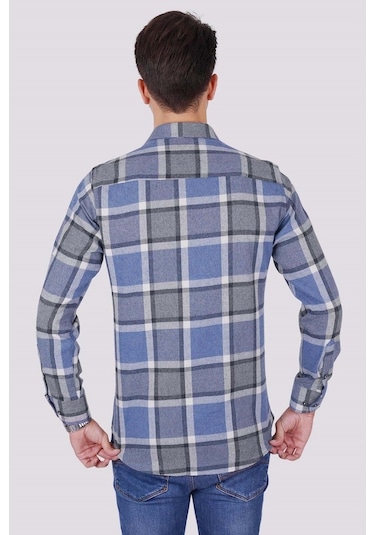 Mavi Gri Kareli Slimfit Oduncu Erkek Gömlek Mavi