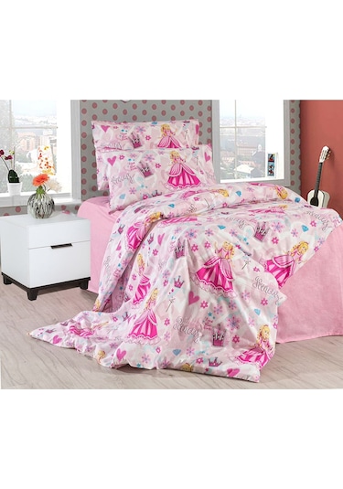 Çocuk Desen Çarşafı Lastikli Tek Kişilik Nevresim Takımı 2 Yastıklı Pembe