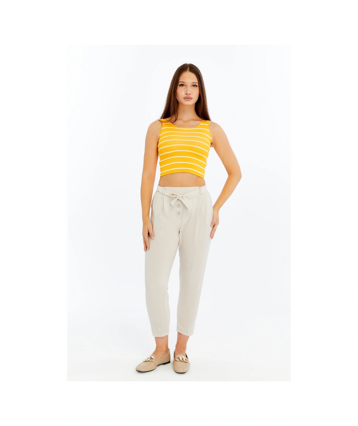 Kadın Çizgili Triko Kare Yaka Crop Atlet Sarı Beyaz Askılı Bluz Sari