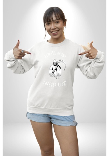 Her Zaman Yalnız Daima Yalnızlık Azrail Unisex Beyaz Sweatshirt Beyaz