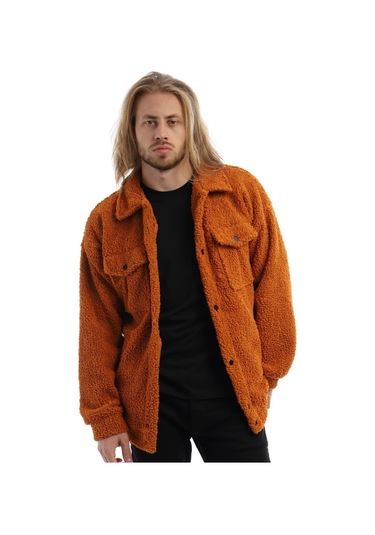 Erkek Kıvırcık Peluş Cıt Cıt Kapamalı Oversize Ceket Tarçın