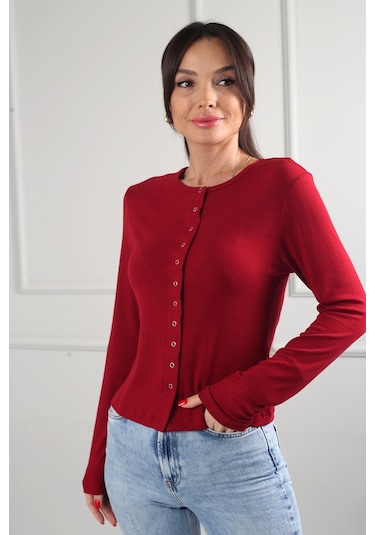 By Saygı Kadın Buzzy Boydan Çıtçıtlı Likralı Bluz Bordo