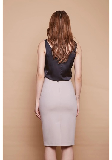 Astarlı Yüksek Bel Diz Altı Hafif Likralı Yırtmaçlı Kumaş Ofis Kalem Etek-taş Taş