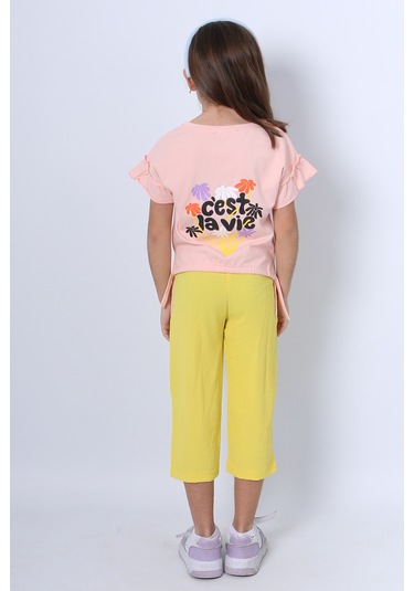 Kız Çocuk İkili Takım Sırt Baskılı Püsküllü Kolları Fıfırlı F20 Pembe