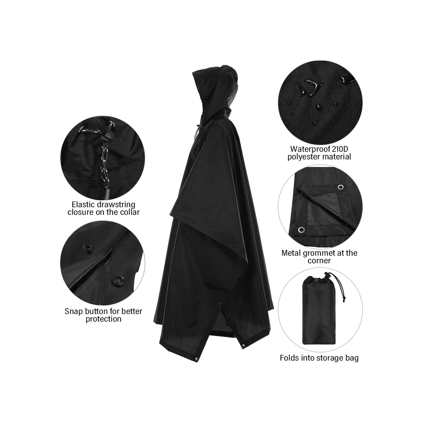Qingmipy Siyah Dış Mekan Yağmurluk - Çadır Battaniye, Piknik Minderi, Güneş Barırı - Kamp, Dağcılık, Piknik İçin 210t Poliester 220x145cm Siyah
