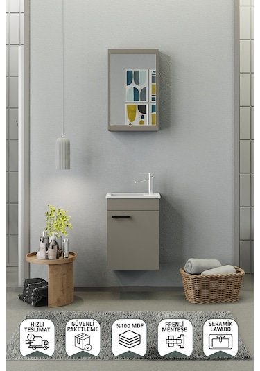 Biani Fix Loft Mini 42 Cm Banyo Dolabı,Seramik Lavabolu, Aynalı,Lavabo Dahil,Mdf,Latte