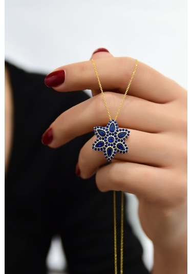 925 Ayar Gümüş Altın Kaplama Safir Damla Lotus Kolye