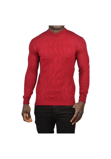 Deepsea Erkek Bordo Dar Kesim Yarım Balıkçı Yaka Desenli Triko Yarım Boğazlı Kazak 2505505 Bordo