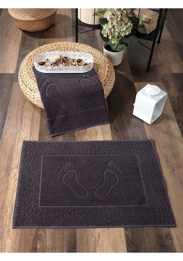 2'li Ayak İzli Ayak Havlusu Seti - %100 Pamuk Antrasit