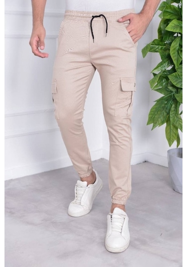 Erkek Paça Lastik Slim Fit Kargo Pantolon M Krem
