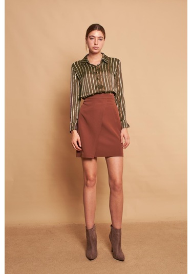 Desenli Yakalı Uzun Kol Likrasız Şık Kumaş Gömlek-Haki Çizgi Haki Çzg.