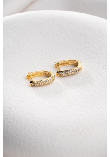 925 Ayar Gümüş Gold Kaplama U Şeklinde Zirkon Taşlı Küpe Gold