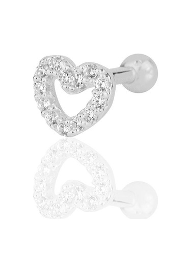 Gümüş Rodyumlu Zirkon Taşlı Kalp Modeli Tragus Helix Piercing Küpe Gümüş