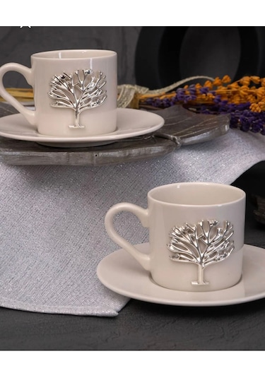 6 Kişilik 12 Parça Porselen Hayat Ağacı Gümüş Kahve Fincan Takımı