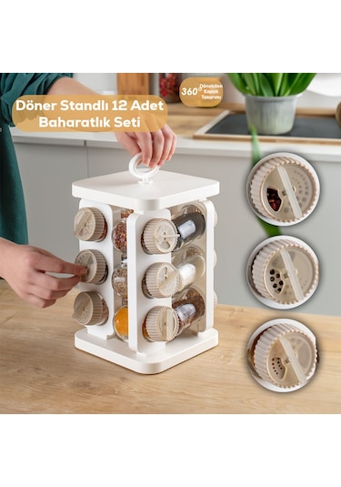 Porsima 1082 Kare Döner Standlı Döner Kapaklı Cam Baharatlık Beyaz Beyaz - Cappuccino