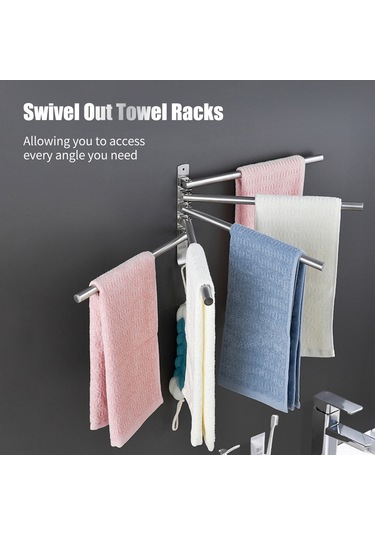 Yunboo 304 Paslanmaz Çelik 5 Barlı 180 Dönebilen, Delme/delmesiz Montajlı, Çok Amaçlı Kancalı Havlu Rakımı 34.5cm Gümüş