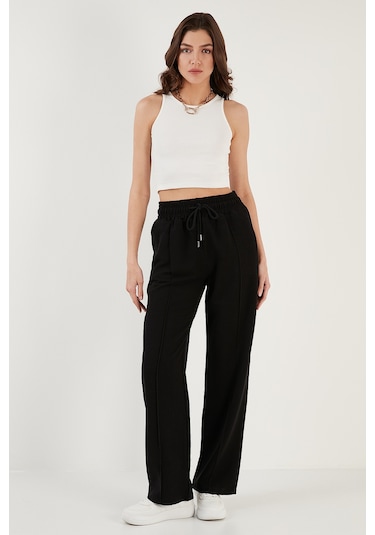 Lela Pamuk Ve Keten Karışımlı Yüksek Bel Rahat Kesim Bol Paça Spor Bayan Pantolon 5865022 Siyah