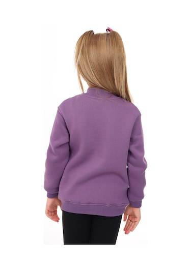 Toontoy Kız Çocuk Dik Yaka Fermuarlı Yarım Düşük Omuz Örme Hırka - 2 İplik Şardonlu Mor