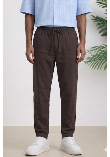 Tarz Cool Erkek Yazlık Keten Karışımı Relaxed Pantolon Kahverengi