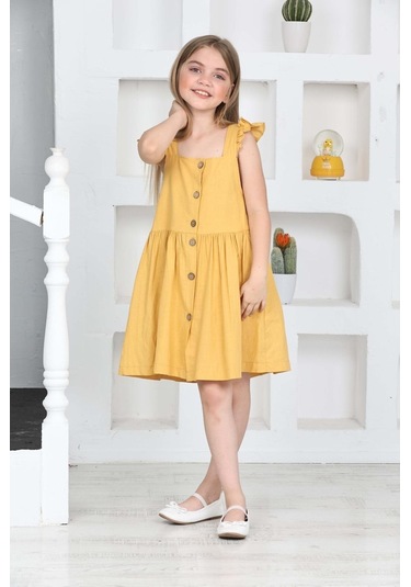 Kız Çocuk %100 Pamuk Keten Elbise 12197 Hardal