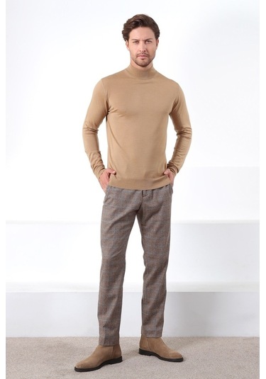 Ferraro Camel Yarım Balıkçı Superfine Yün Erkek Triko Kazak Camel