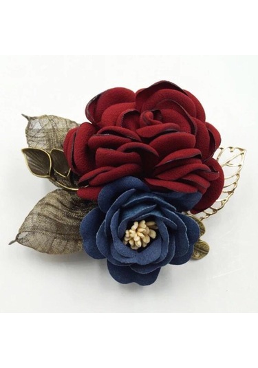 Homyl Kore Tarzı Gül Çiçek Şal Broş Pin Damat Gelin Korsaj Şarap Çok Renkli