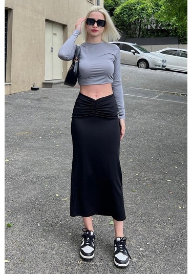 Madmext Siyah Önden Büzgülü Midi Etek Mg2084 Siyah