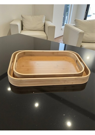 Mybru Dikdörtgen Bambu Tepsi 2'li Set Ahşap