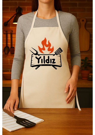 Kişiye Özel Karikatür İsimli Mutfak Önlüğü Steak Şef Model Krem