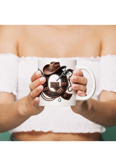 Q Harfi Kovboy Temalı Bardak 330 Ml İsim / Harf Kişiye Özel Hediye - Vahşi Batı Konsept Beyaz