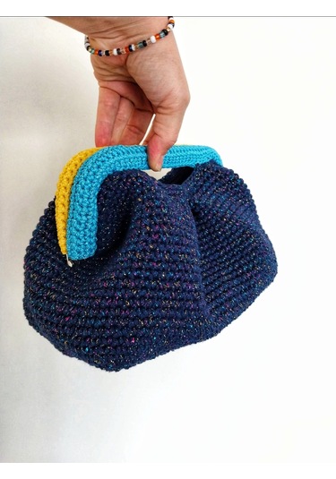 Parlak Tutmalı El Çantaları , El Yapımı Işıltılı Clutch, Örgü El Çantası Lacivert