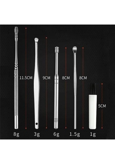 Ollevra 6 Parça Paslanmaz Çelik Kulak Balmumu Toplayıcı Çıkarıcı Temizleyici Bakımı Çubuk Seti Gri