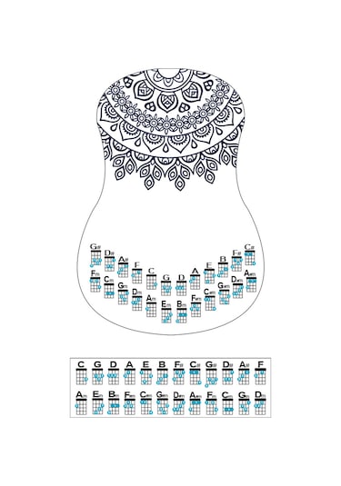 mandala siyah renk ukulele akor cetveli tablosu stickeri etiketi