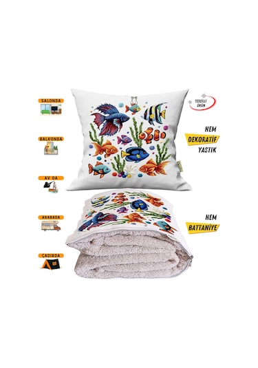 Nakışlı Punch Efektli Balıklar Baskılı Tv Battaniyesi Olabilen Dekoratif Yastık Kırlent Battaniye Çok Renkli