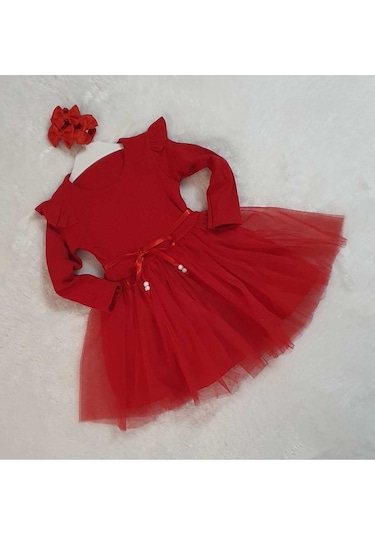 Kız Çocuk Kırmızı Pamuklu Tül Uzun Kol Özel Gün Doğum Günü Abiye Günlük Prenses Elbise Kırmızı