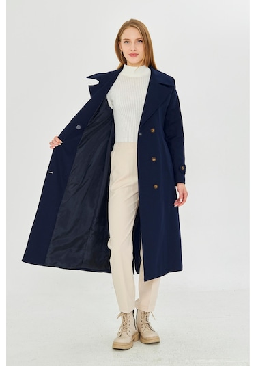%100 Pamuk Ekstra Uzun 120cm Kruvaze Kadın Trençkot 1121 Lacivert